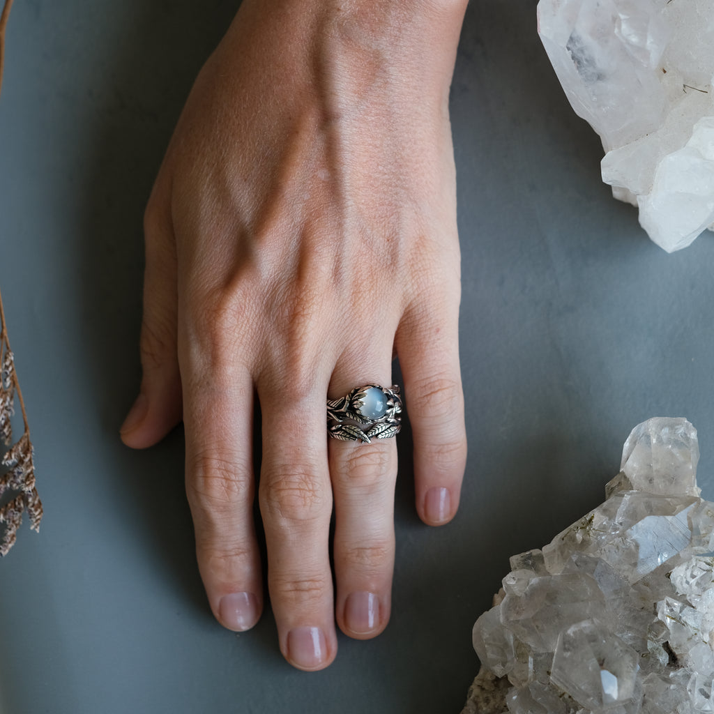 Vintage Moonstone Engagement Ring Set on hand