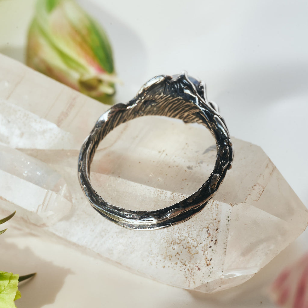 "Luna": Sterling Silver Engagement Ring with Moonstone and 14K Rose Gold Element