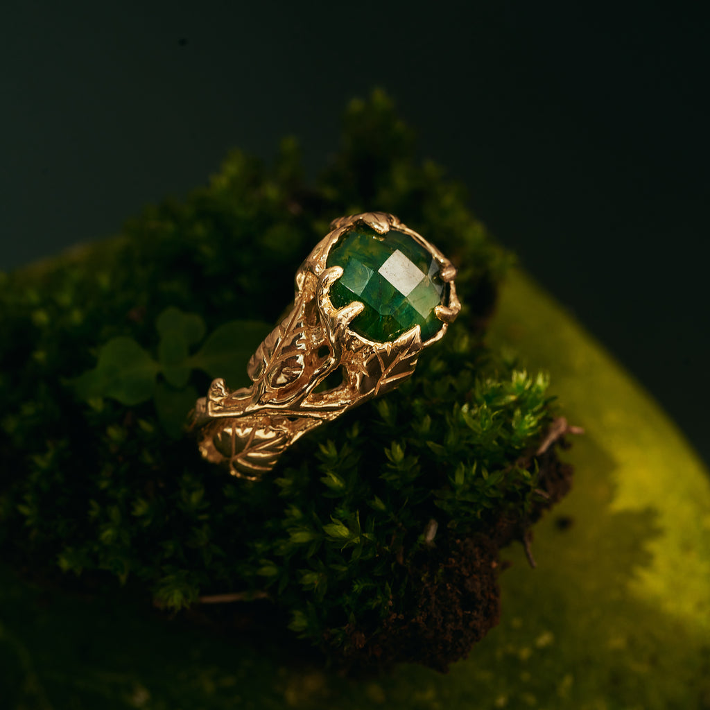 Women's Solid Gold Engagement ring with Moss Agate “Sierra"