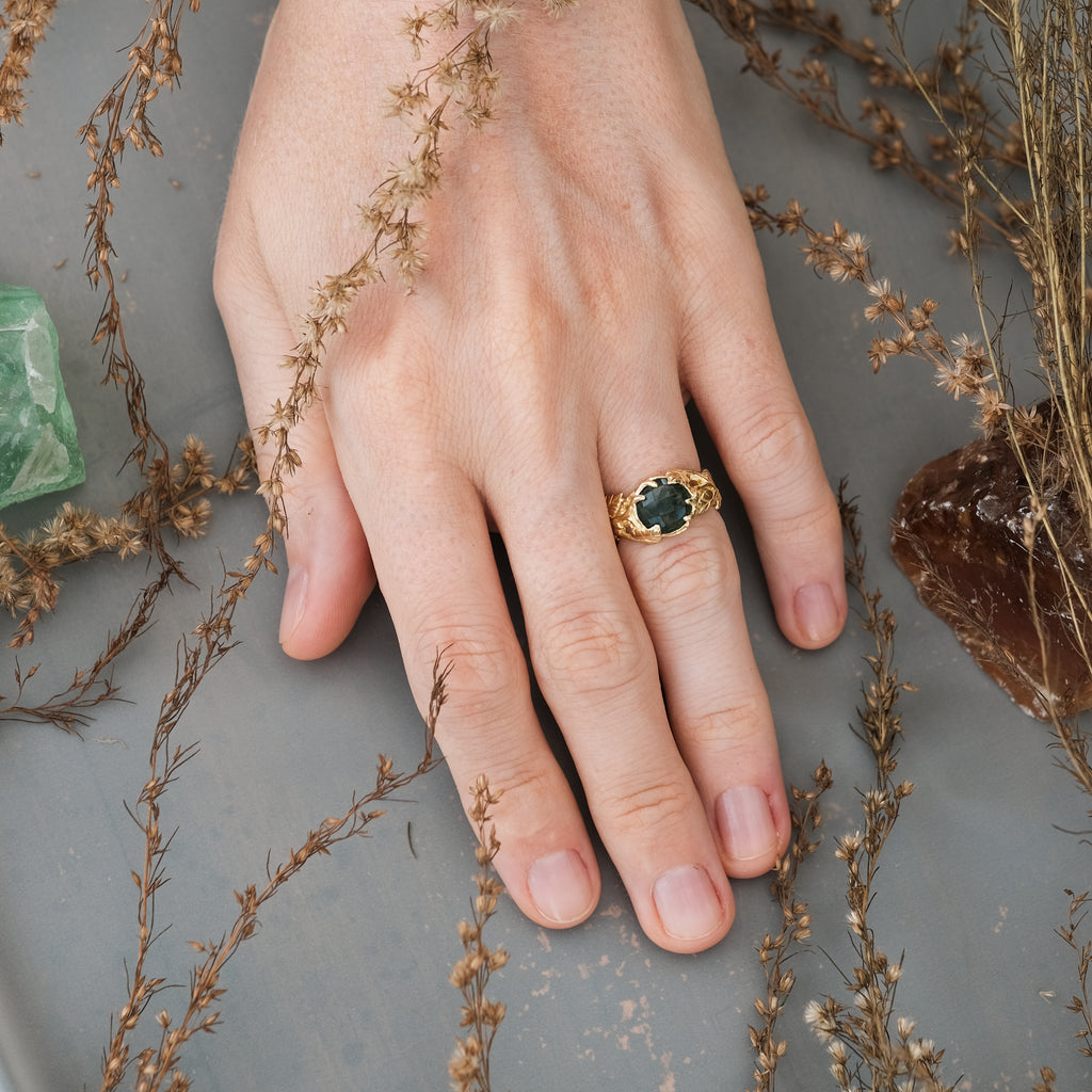 Moss Agate Solid Gold Engagement Ring "Sierra" on hand