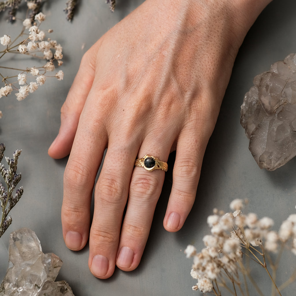 14K Solid Gold Engagement Ring with Moss Agate "Linda"