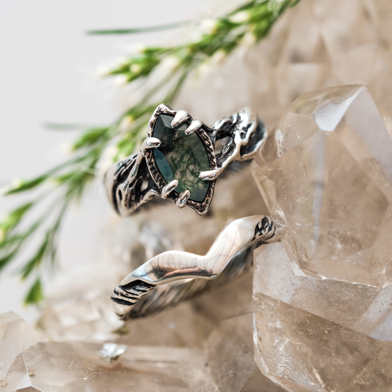 Moss Agate Sterling Silver Ring Set Vivienne