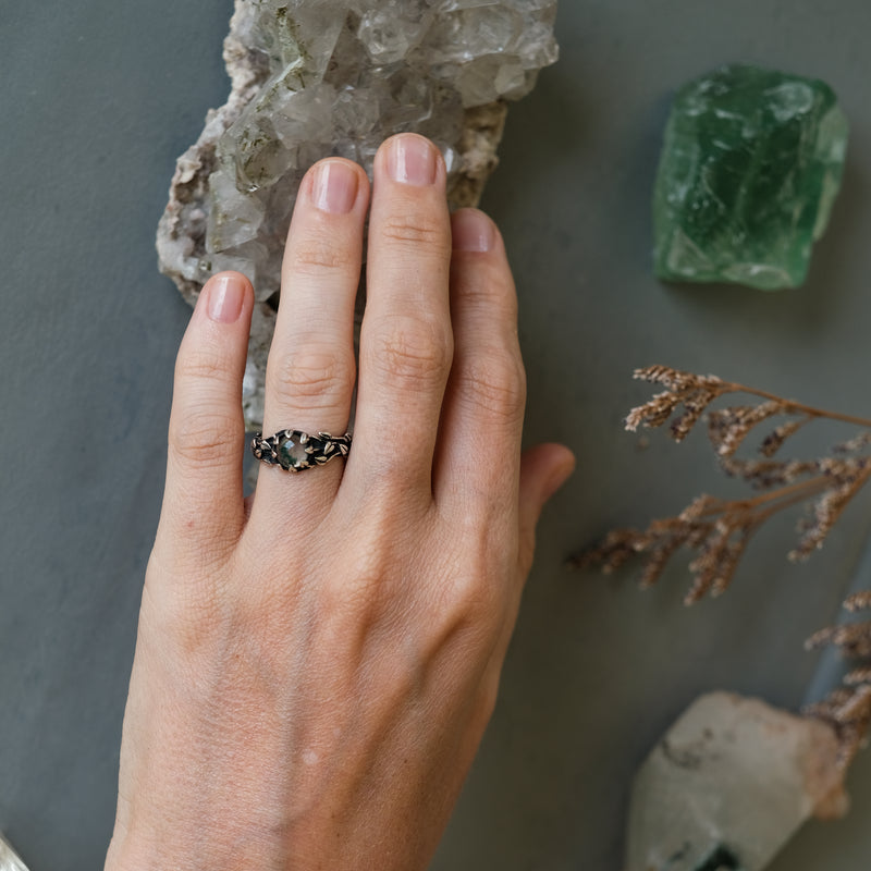 Floral Moss Agate Sterling Silver Ring Ivy