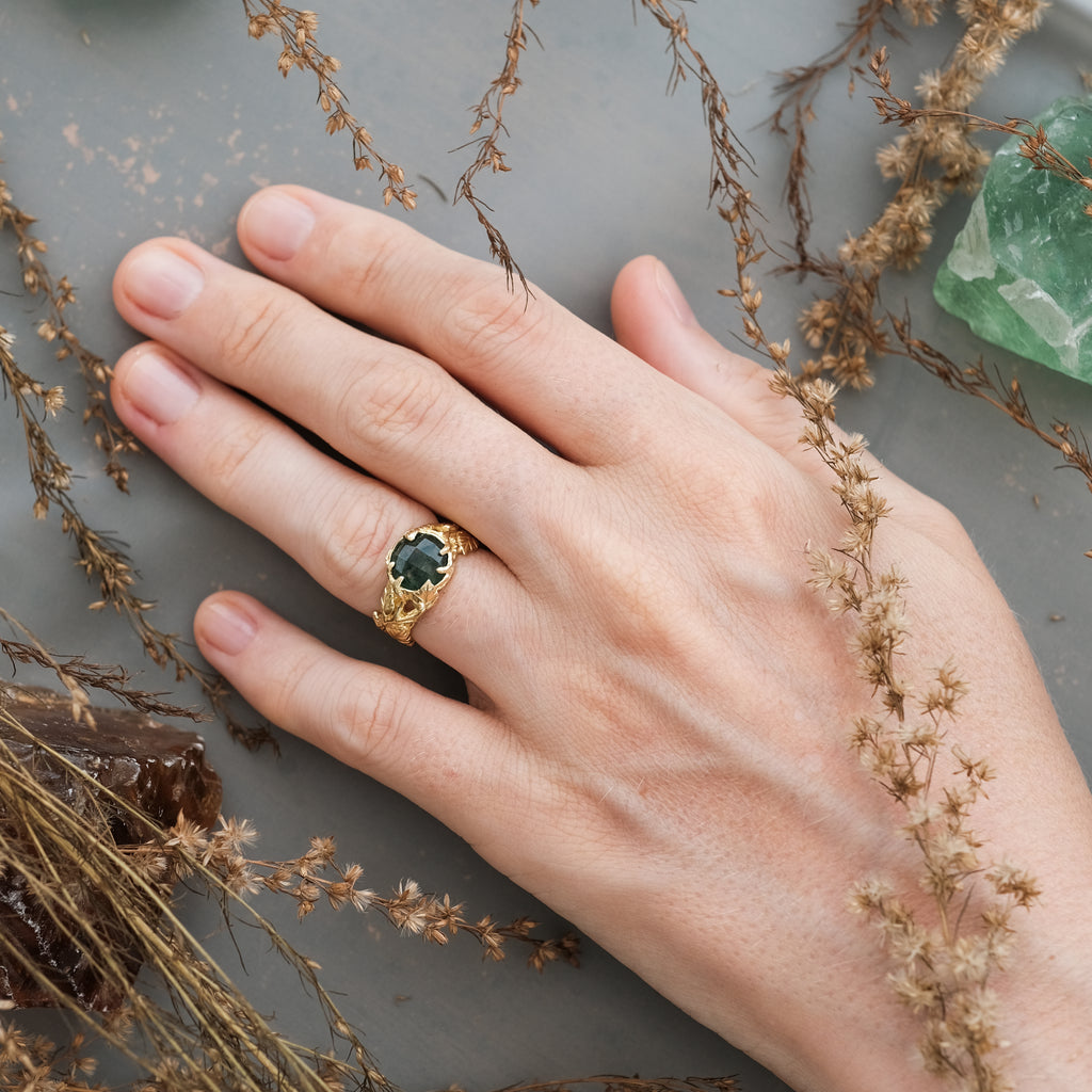 Moss Agate Engagement Gold Ring on hand "Sierra"