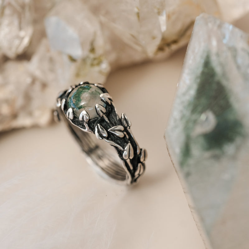 Silver Moss Agate Engagement Ring Ivy