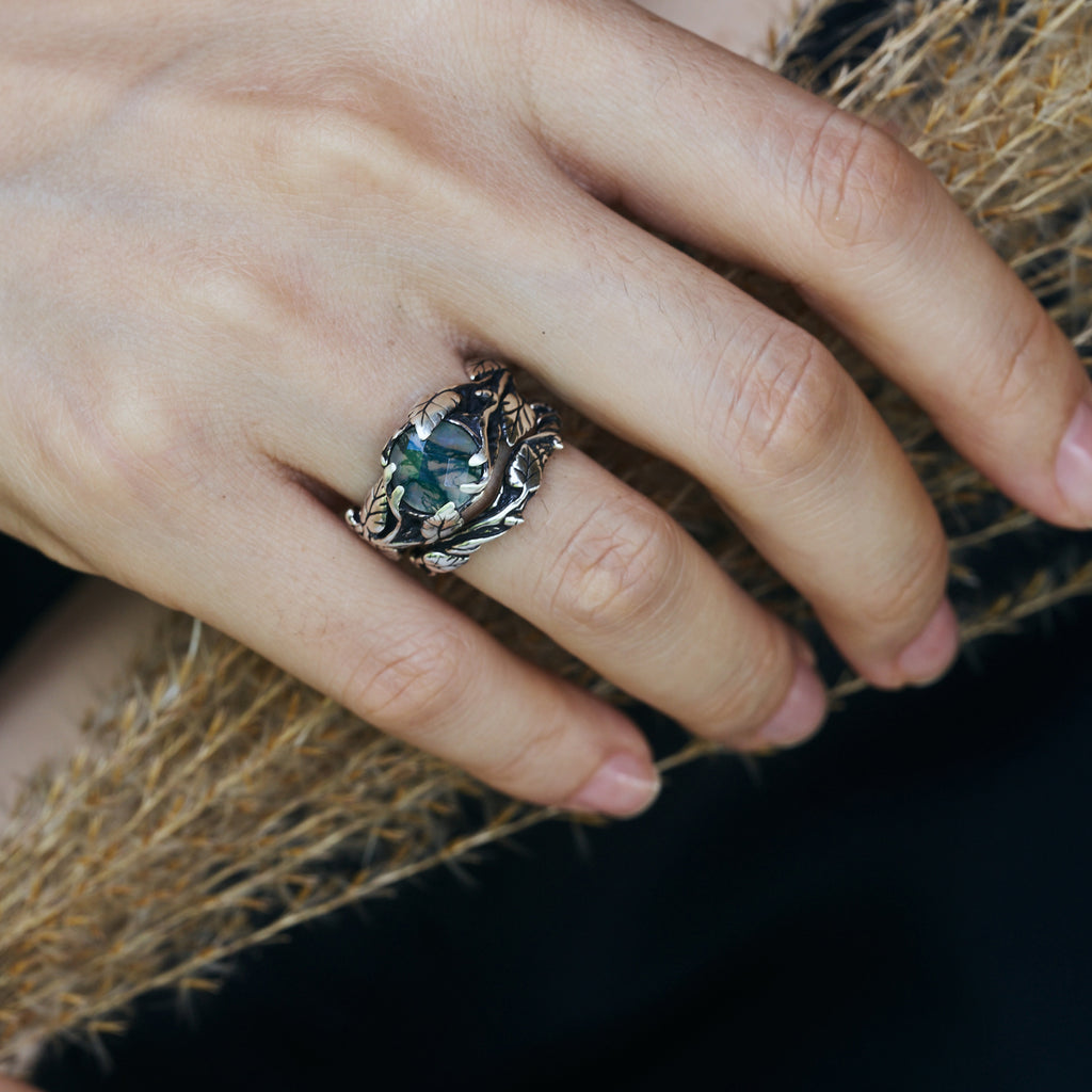Moss Agate Ring set on hand "Sierra" by BlackTreeLab