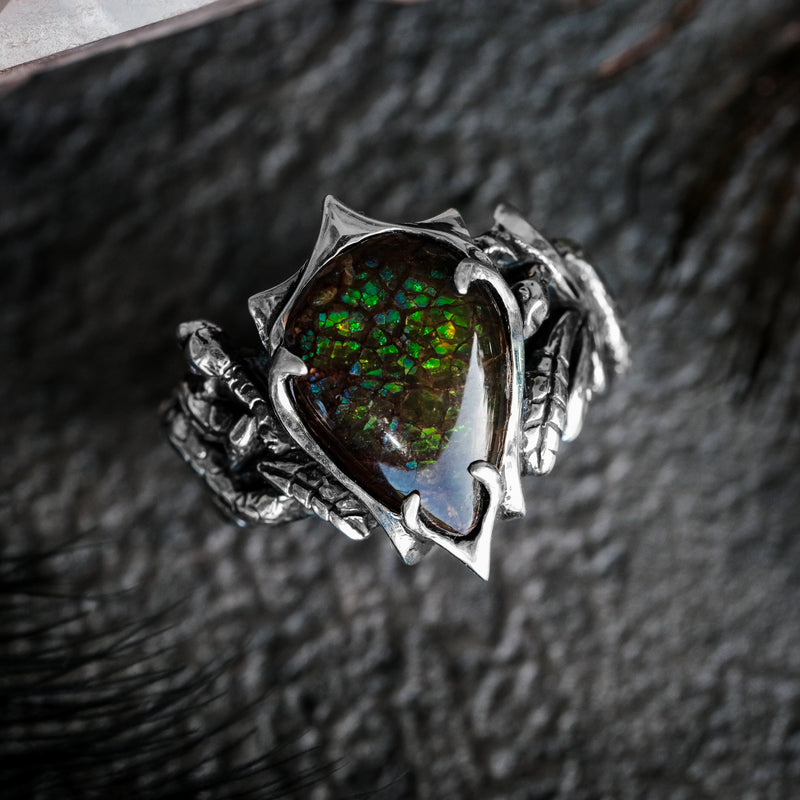 Ammolite Gothic Silver Ring Ophion