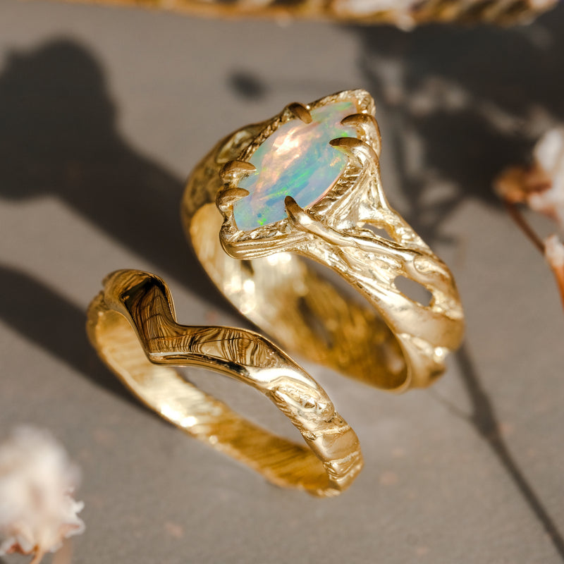 Gold Opal Wedding Ring Set