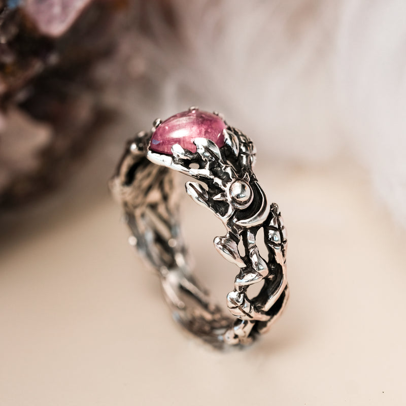 Pink Tourmaline Silver ring for women "Cat"