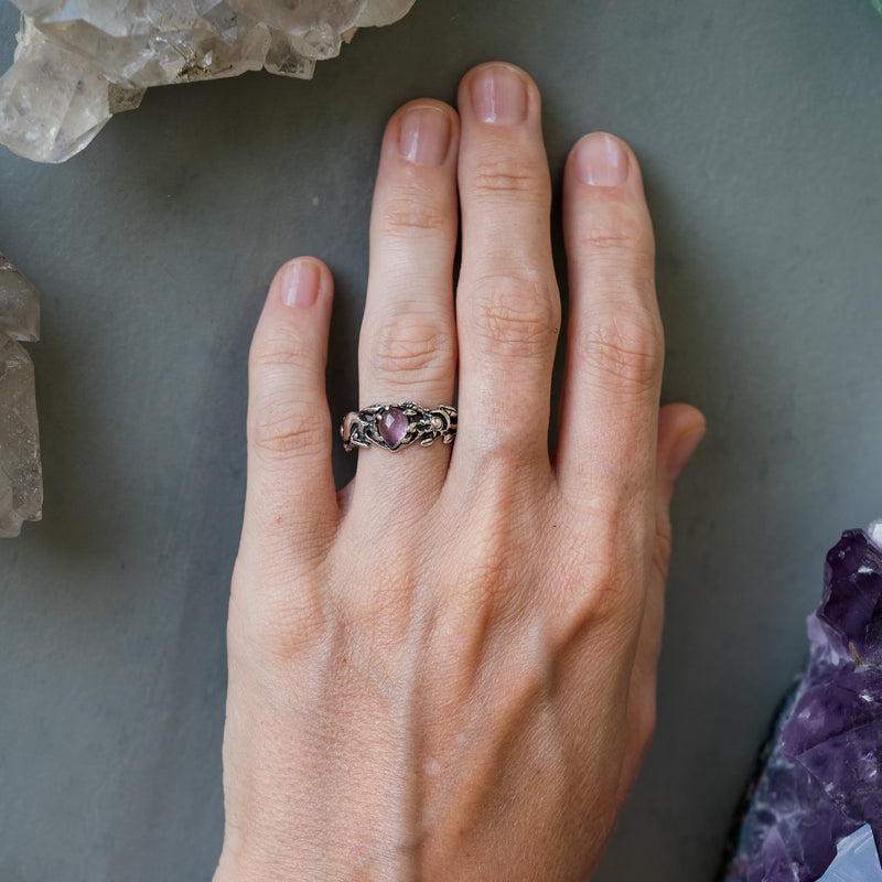 Pink Tourmaline Silver ring "Cat" on hand