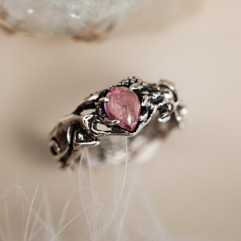 Pink Tourmaline Silver Ring with Cats on the side