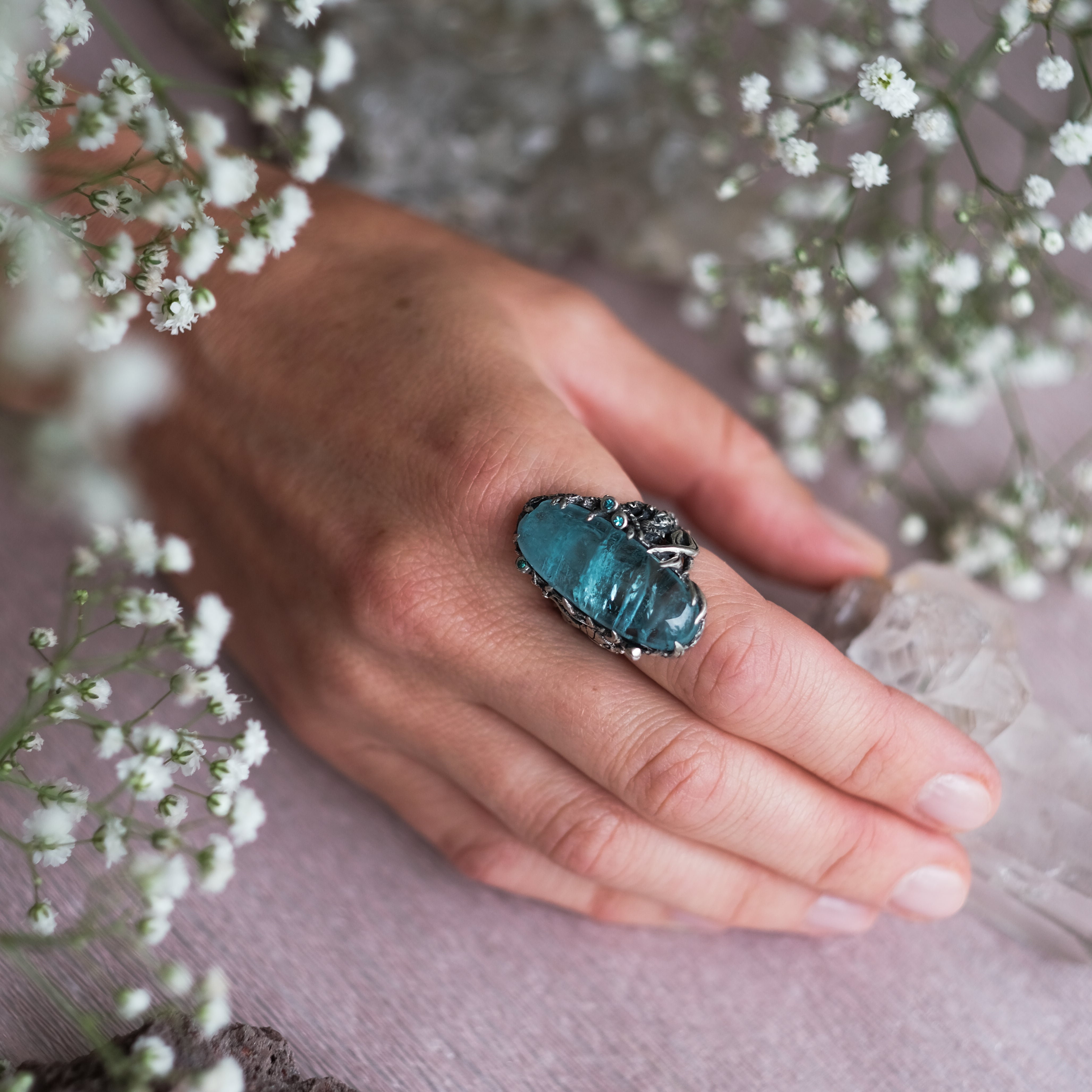 Sea-themed ring “Oceania” with large aquamarine | BlackTreeLab