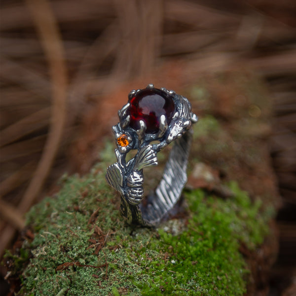 Silver Amber ring “ Meadow” with Carved Squirrel