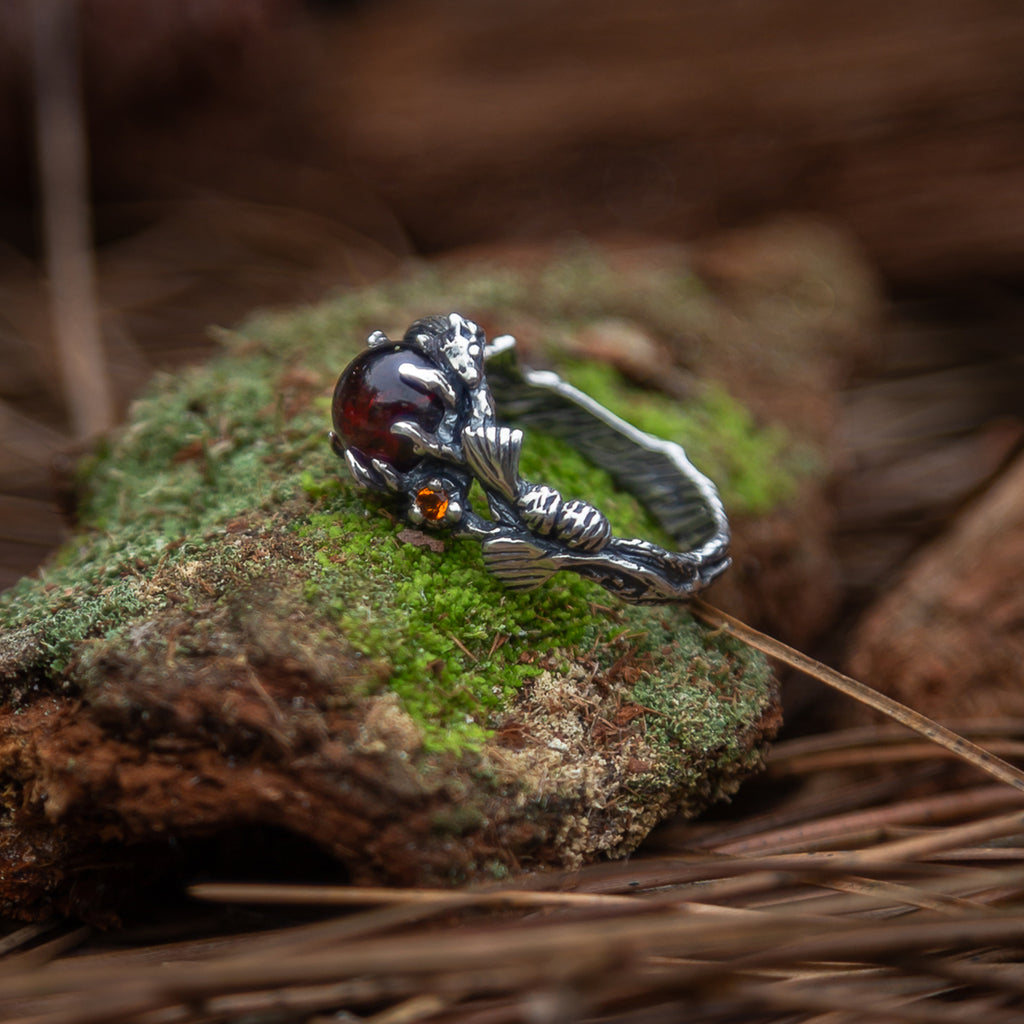 Silver Amber ring “ Meadow” with Carved Squirrel