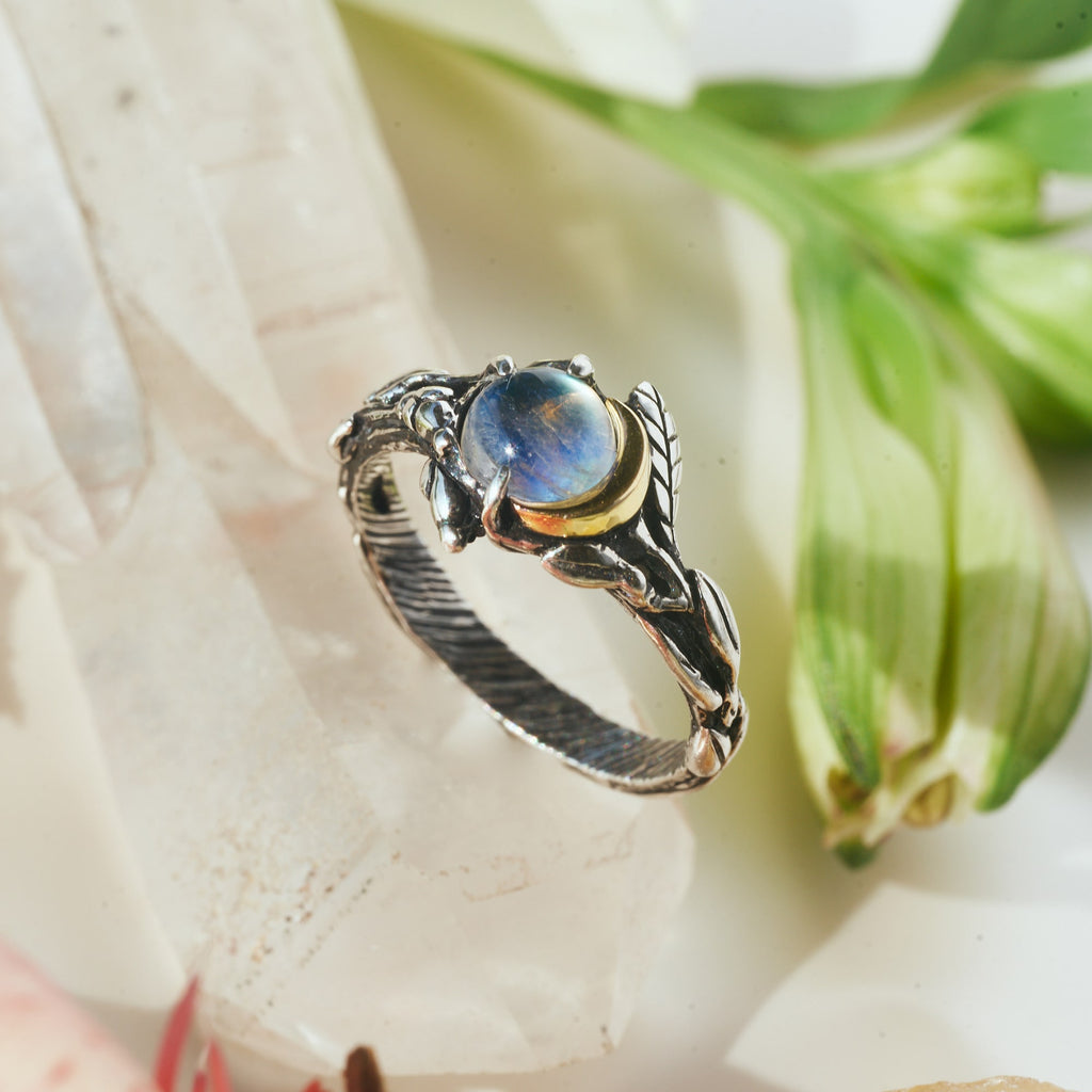 "Luna": Sterling Silver Engagement Ring with Moonstone and 14K Rose Gold Element