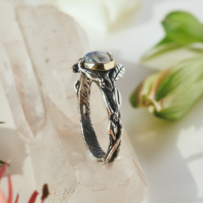 "Luna": Sterling Silver Engagement Ring with Moonstone and 14K Rose Gold Element