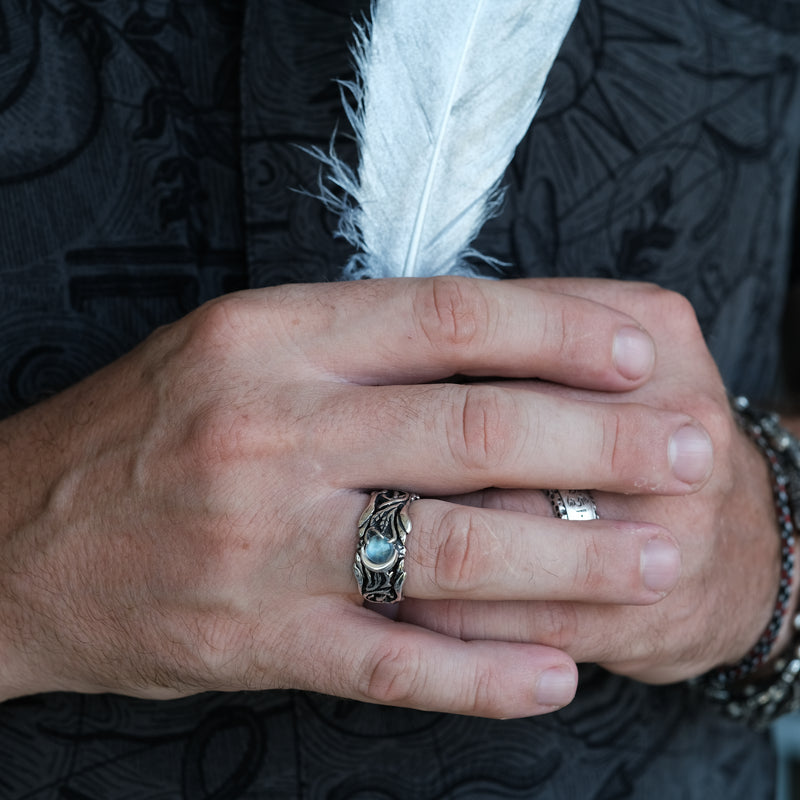 Celestial Moonstone Mens ring "Luna" on hand