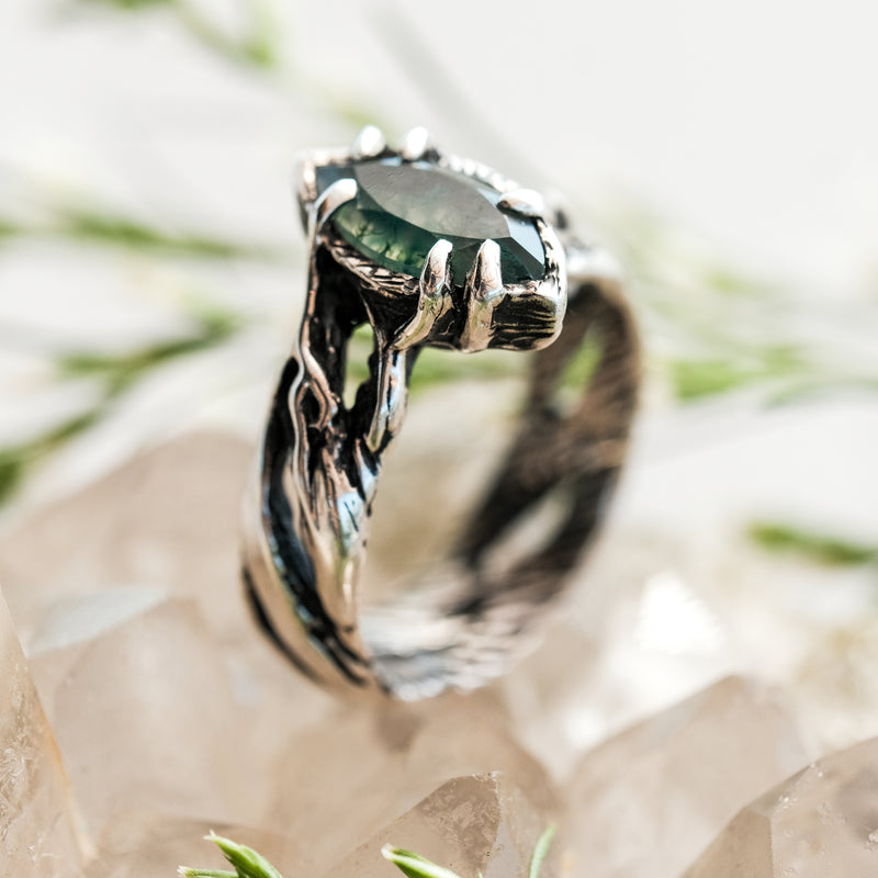 Moss Agate Engagement Silver Ring