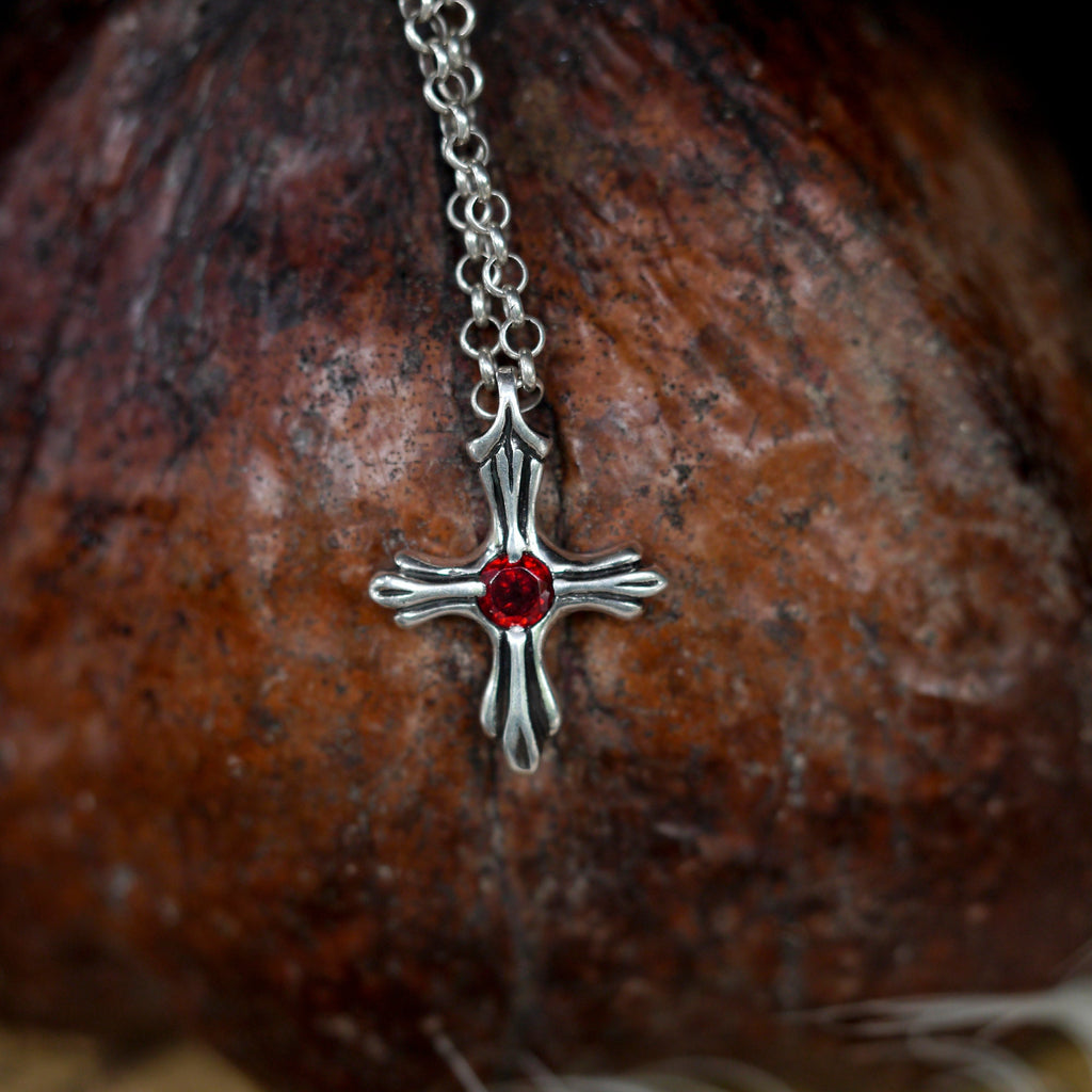 Silver Cross Necklace with Garnet