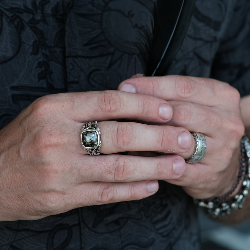 Silver Pyrite Ring with Love Birds "Volant" on hand