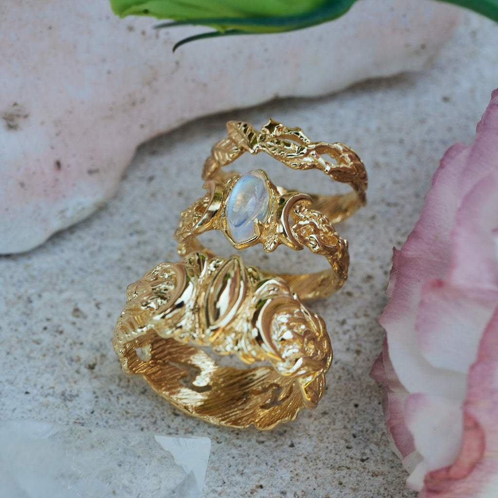 14K Gold Moonstone Wedding couple rings set "Soma"