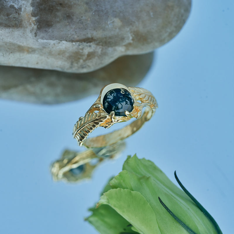 14K Solid Gold Engagement Ring with Moss Agate "Linda"