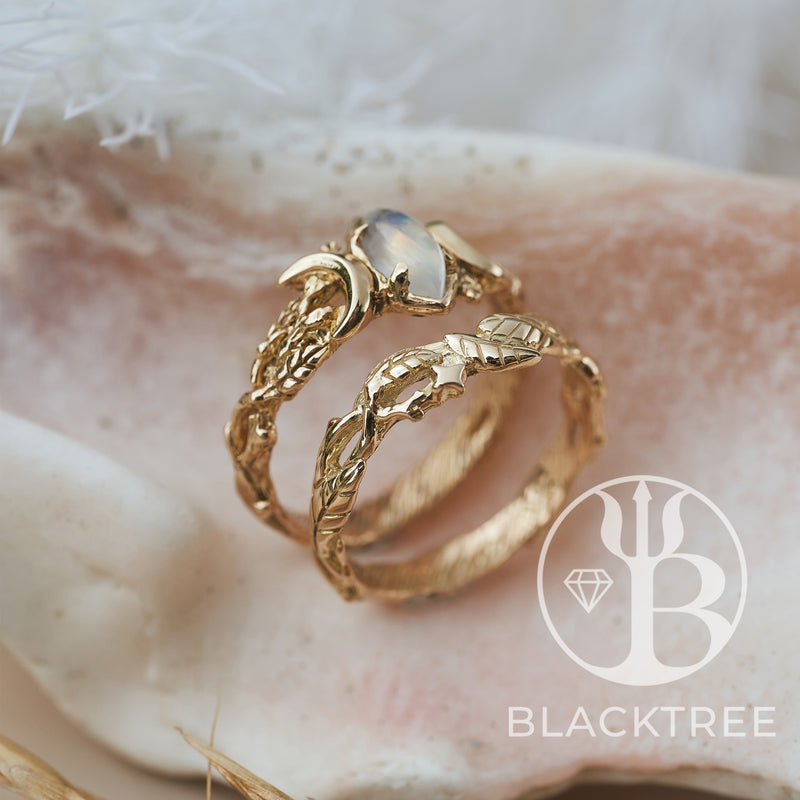 Solid Gold Moonstone Engagement ring set "Soma" by BlackTreeLab