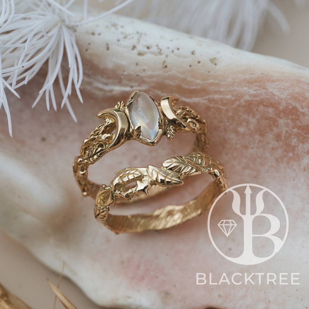 Triple Moon | Moonstone Gold Ring Soma | BlackTreeLab 6.5 US / 14K Yellow Gold