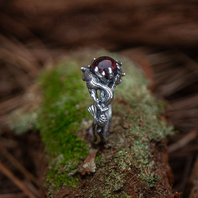 Silver Amber ring “ Meadow” with Carved Squirrel