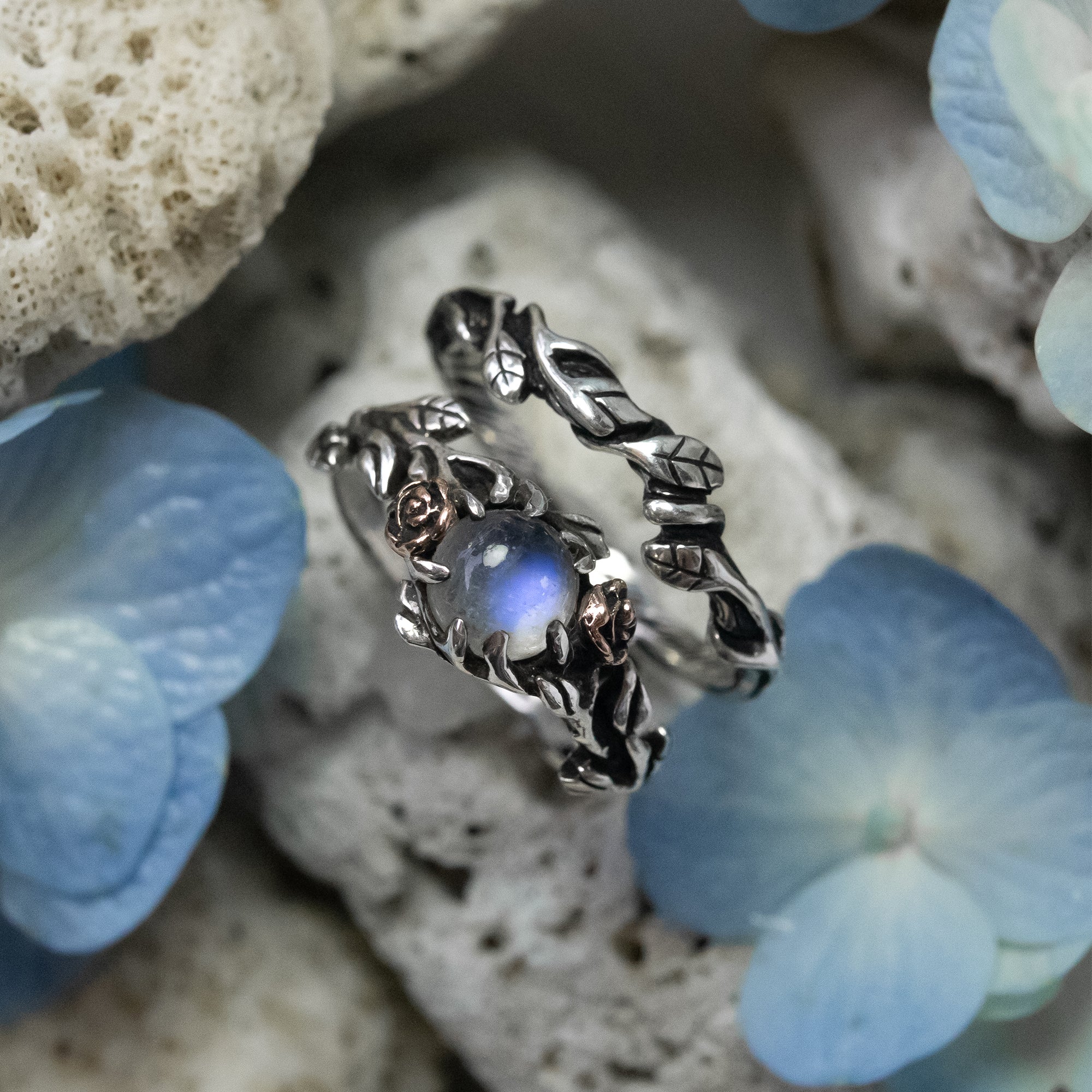 Primrose Moonstone Ring Set – Solid 14K Gold & Silver | BlackTreeLab