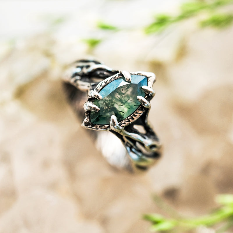 925 Sterling Silver Moss Agate Ring "Vivienne" by BTL