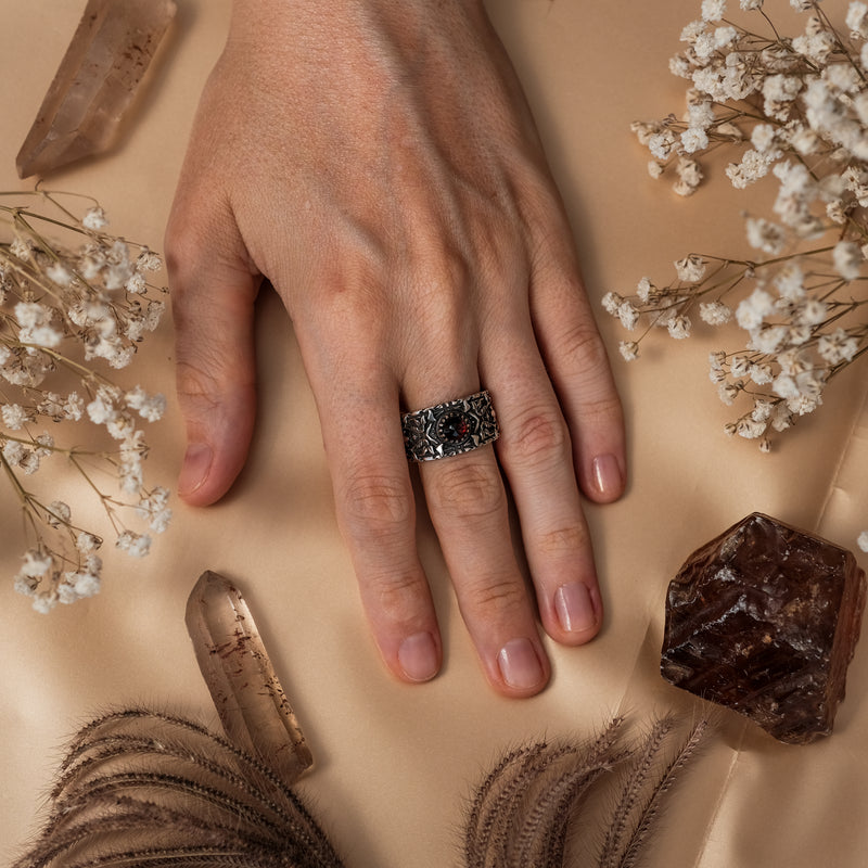 Gothic Silver Ring with Garnet