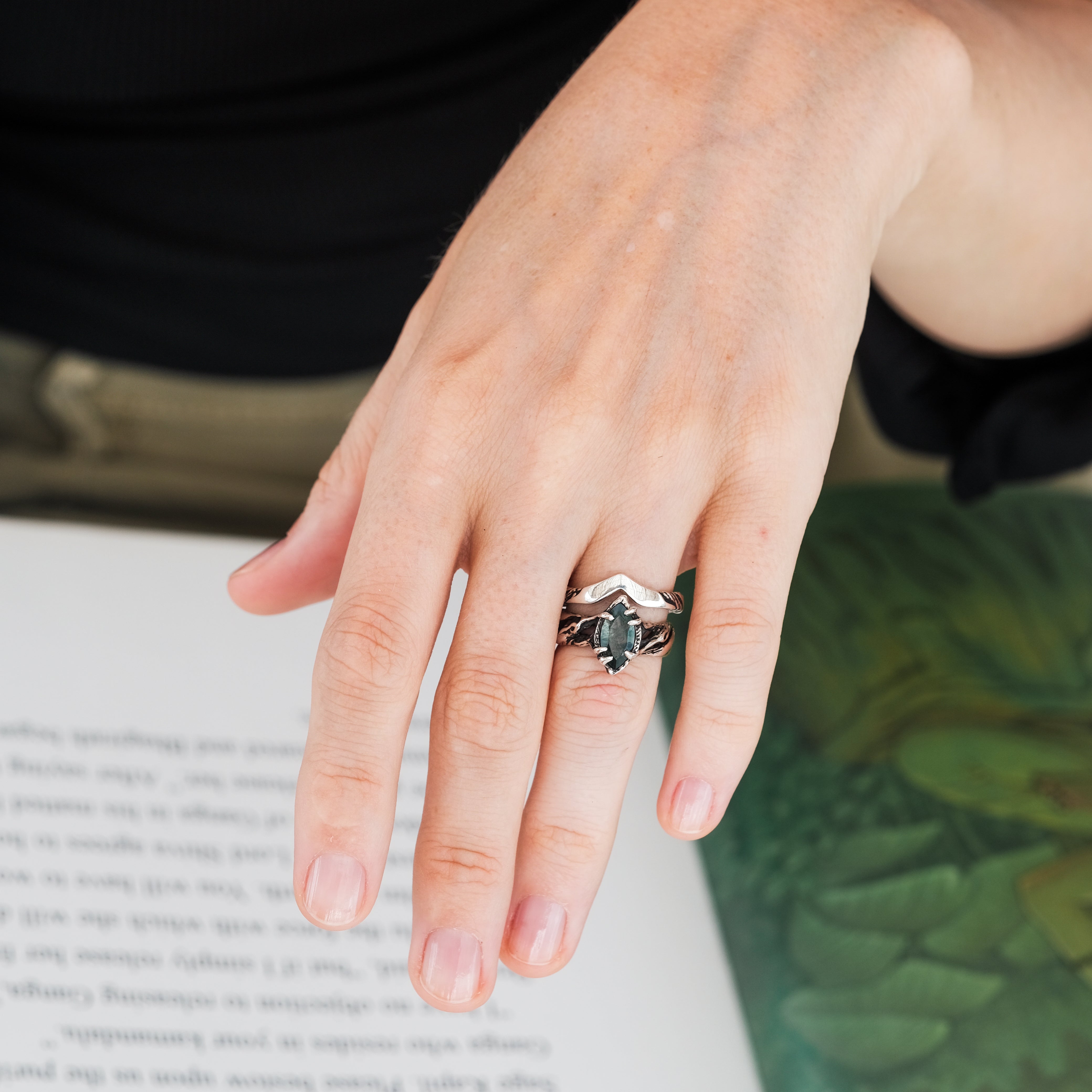 Sterling Silver Moss Agate Engagement Ring Set 