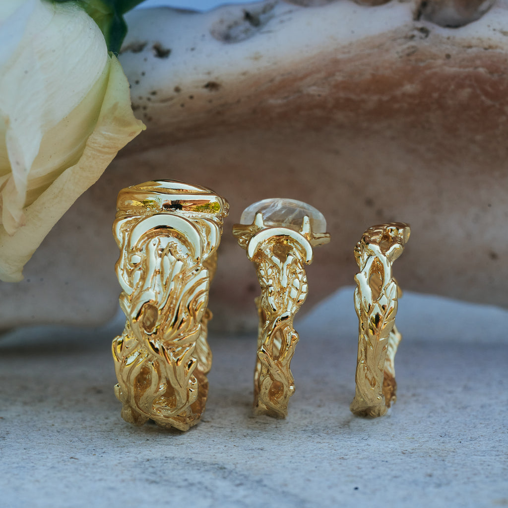 14K Solid Gold Wedding Bands Set of 3 rings with Moonstone "Soma"