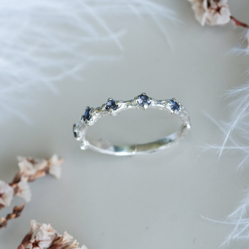 Sterling Silver Wedding band with Blue Sapphire Blossom