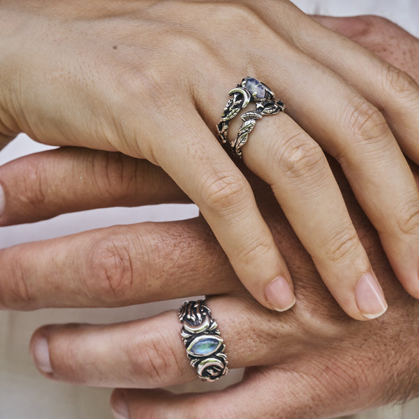 Wedding Moonstone ring set "Soma" on hands