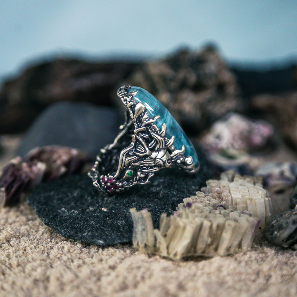 Sea-themed ring “Oceania” with large aquamarine | BlackTreeLab