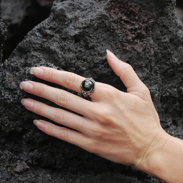 Black stone ring "Aurora" with Indian Black Star Diopside