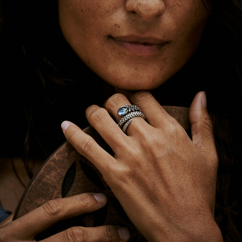 Blue Topaz Snake Ring "Cosmosnake" on hand wearing