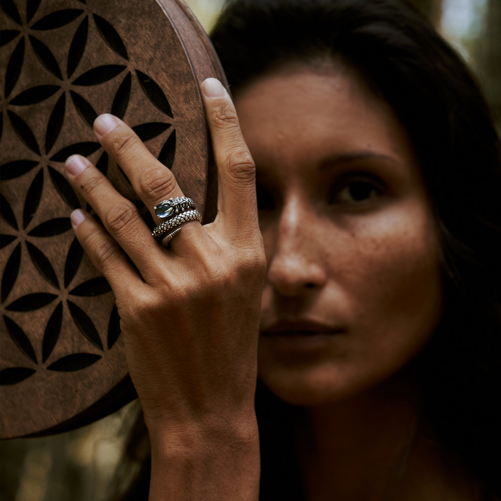 Blue Topaz Snake Ring "Cosmosnake" on hand