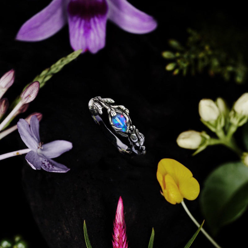 Boulder Fire Opal Ring with Flowers