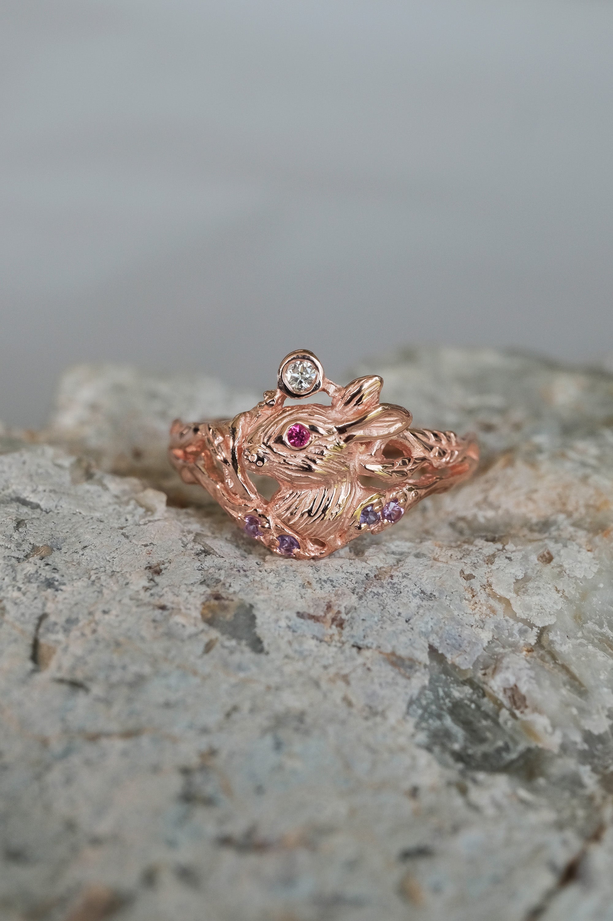 Cottagecore-inspired Dream Lunar Hare engagement ring in solid 14K rose gold with delicate gemstone accents, crafted as magical fine jewelry for women.