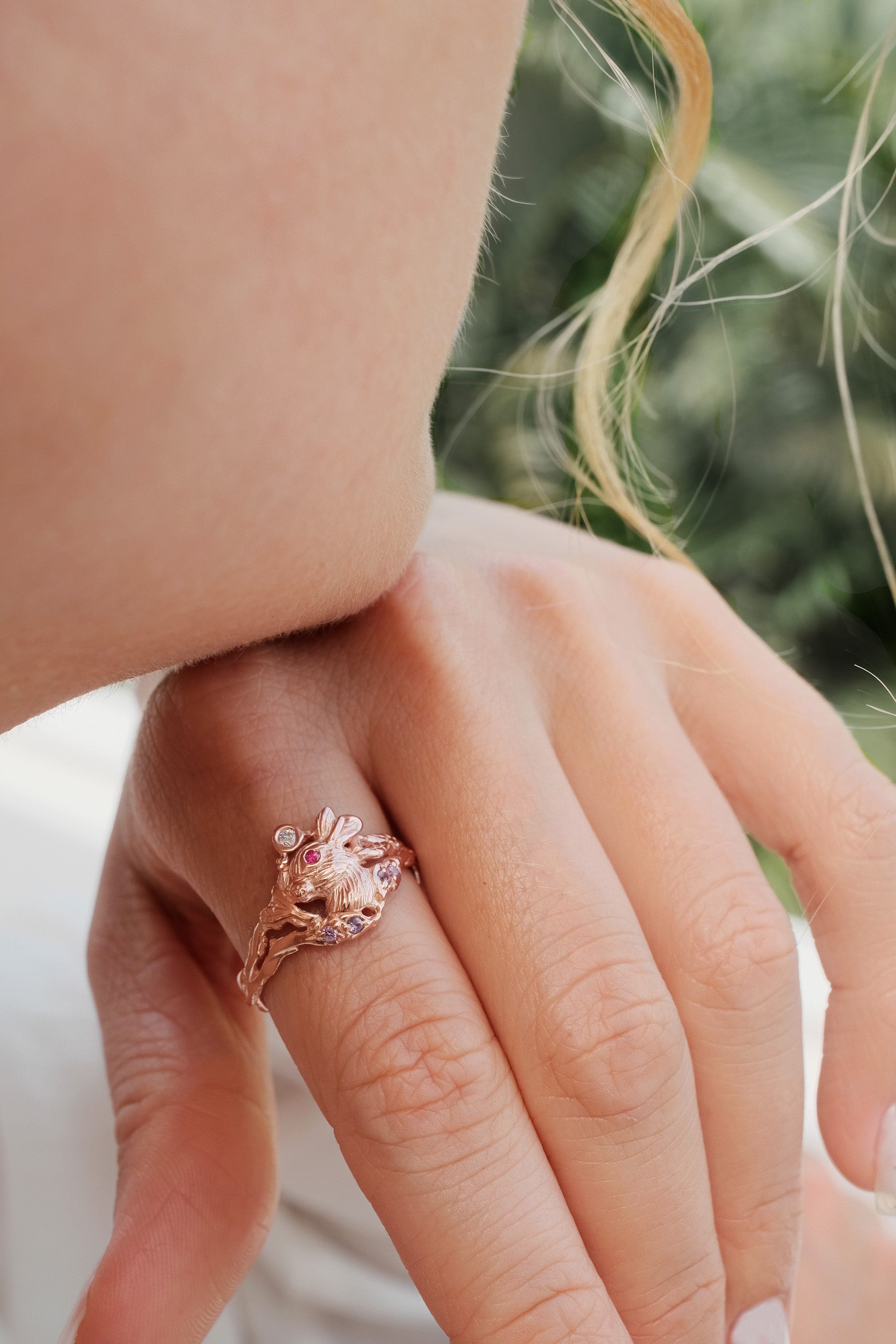 Handcrafted Dream Lunar Hare promise ring in solid 14K rose gold with diamond, ruby, and lavender sapphires, created as meaningful jewelry for her.