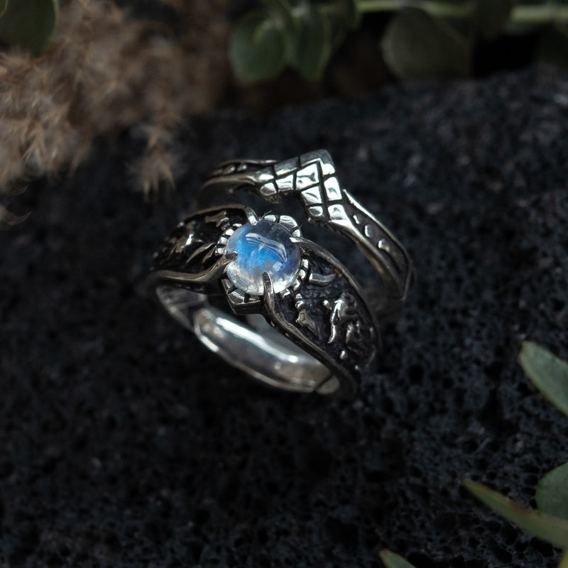 Sterling Silver Moonstone Engagement ring set “Wolf” 