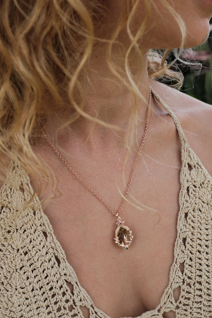 Cottagecore woodland pendant with miniature Lunar Hare and natural dendritic agate - a meaningful 14K gold necklace inspired by forest magic.