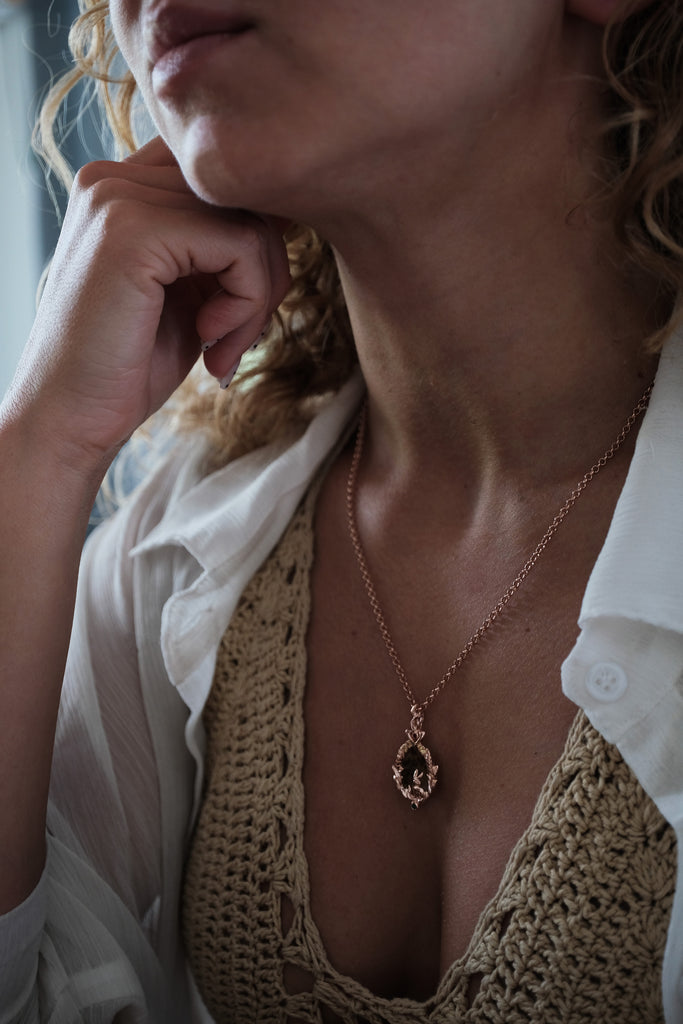 Fairycore woodland necklace “Home” featuring a carved gold hare and forest-like dendritic agate — magical, meaningful fine jewelry for her.