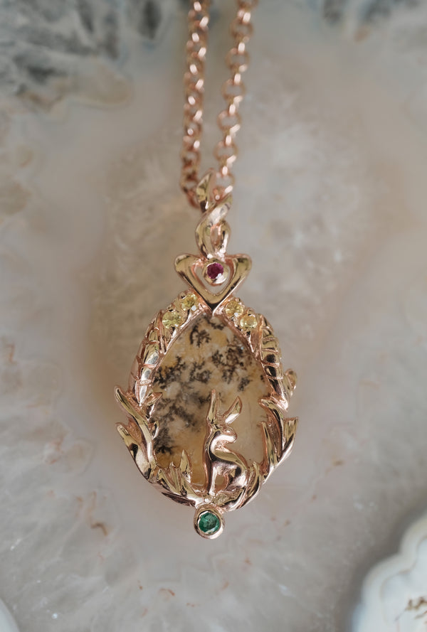 Woodland-inspired 14K gold Lunar Hare pendant “Home” with dendritic agate forest scene — symbolic, nature-rooted fine jewelry for her.