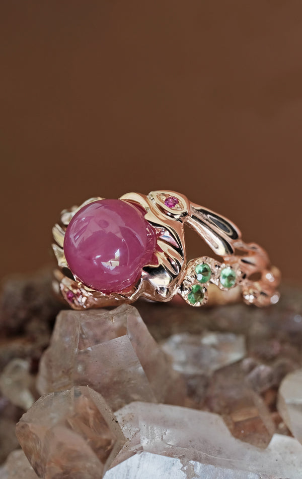 Lunar hare ring in 14K rose gold with soft pink star ruby