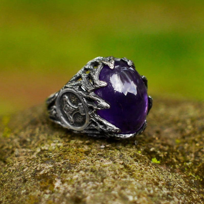 Mens Sterling Silver Amethyst Ring "Thor's Hammer" - blacktreelab