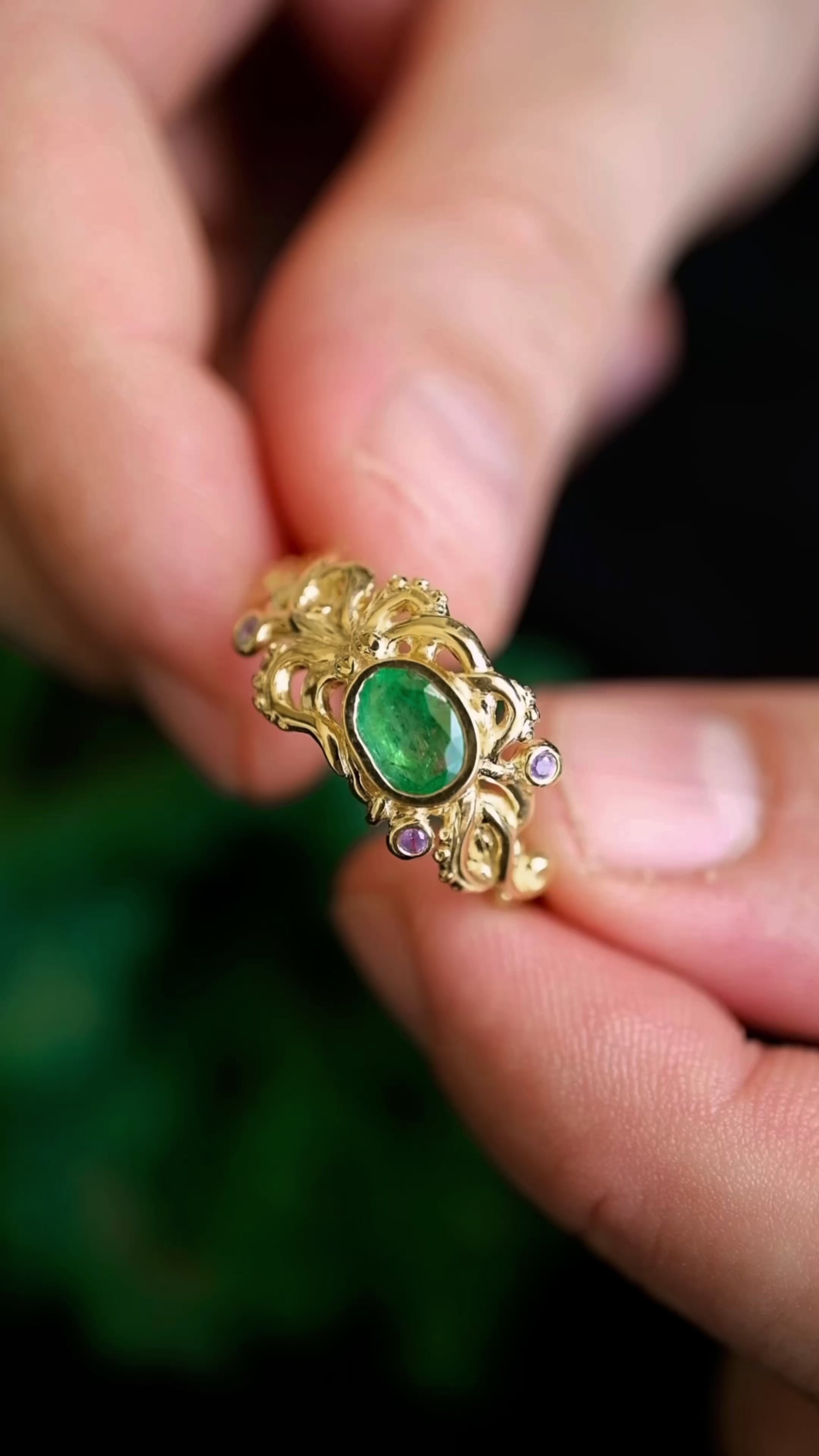 14K Yellow Gold Emerald Octopus Ring 